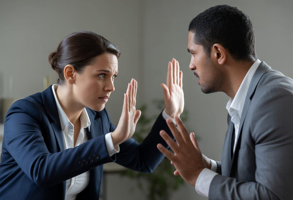 Twee volwassenen in een gespannen situatie waarbij de ene persoon zich verdedigt en de andere agressief lijkt, in een neutrale binnenomgeving.