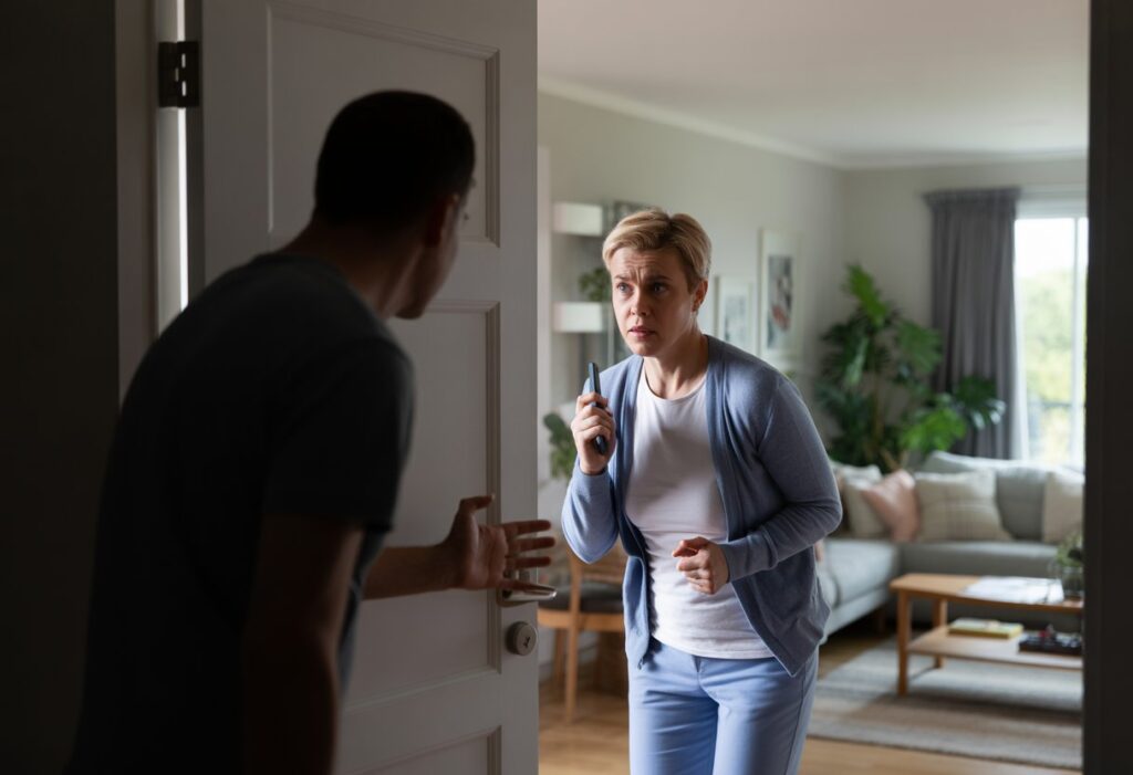 Een persoon staat in de woonkamer en kijkt alert naar een schimmige figuur die probeert binnen te komen via de deur.