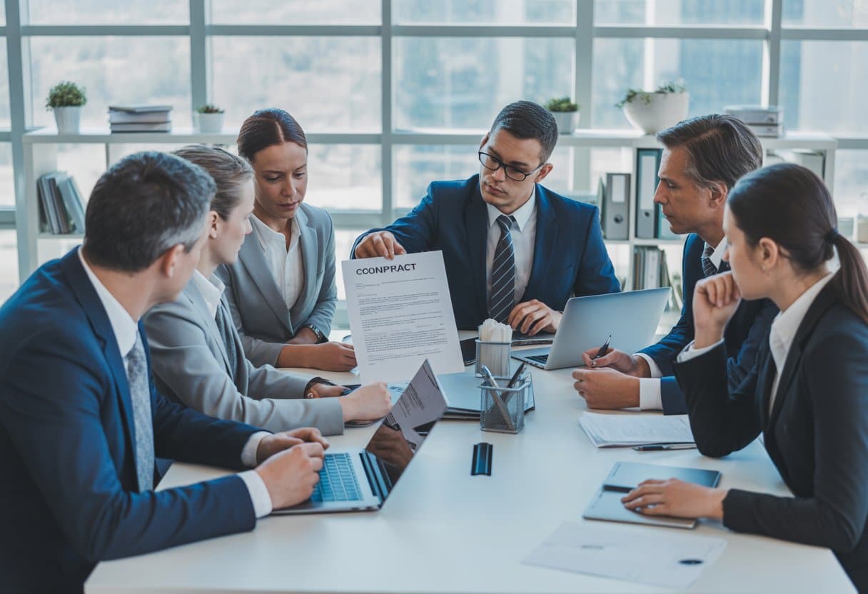 Een groep zakelijke professionals bespreekt een contract aan een vergadertafel in een kantoor.