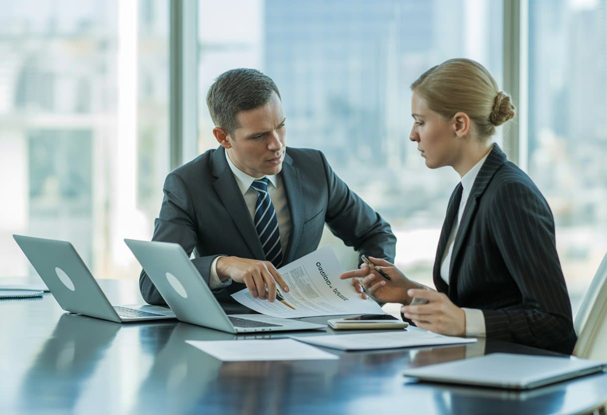 Aansprakelijkheid bij vertraging of non-conformiteit: Inzicht en Praktische Gids 2 Twee zakelijke professionals in een kantoor die een serieus gesprek voeren over documenten aan een vergadertafel.