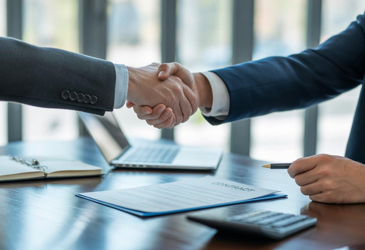 Aansprakelijkheid bij vertraging of non-conformiteit: Inzicht en Praktische Gids 3 Twee zakenmensen schudden handen over een contract in een kantooromgeving.