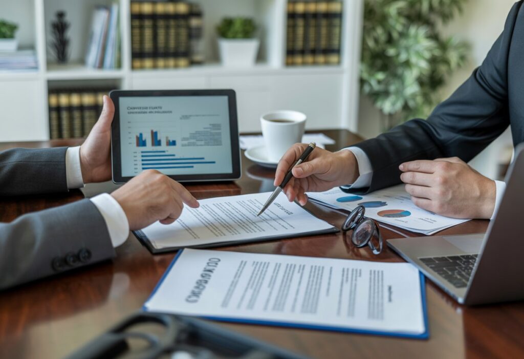 Twee zakelijke professionals bespreken contracten aan een tafel in een kantooromgeving.