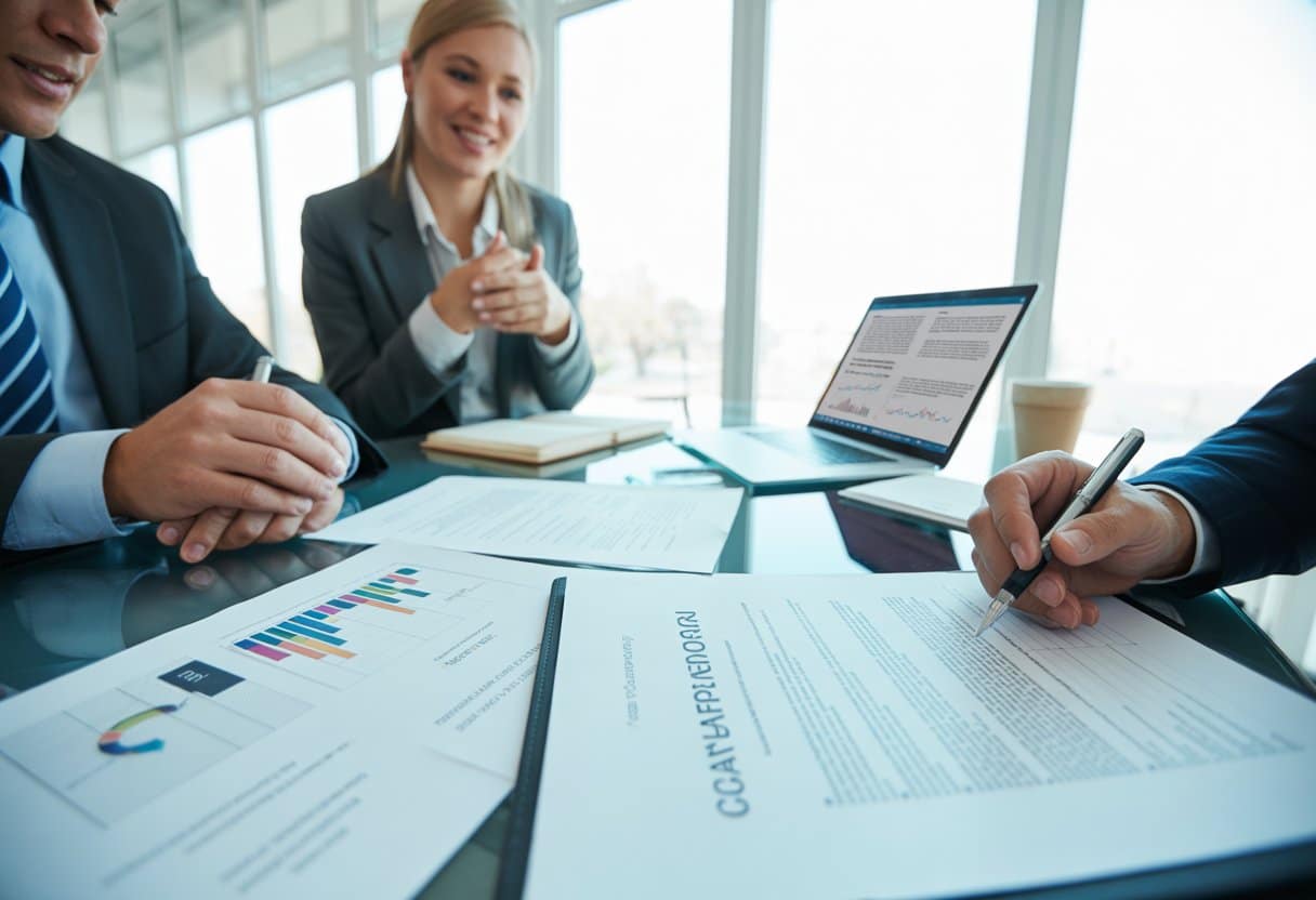 Twee zakelijke professionals bespreken contracten aan een bureau in een helder kantoor.