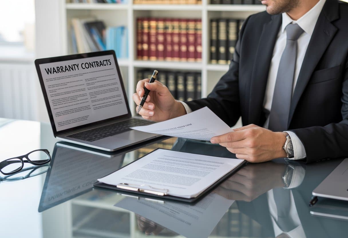 Een zakelijk persoon die een contract bekijkt in een moderne kantooromgeving met juridische boeken op de achtergrond.
