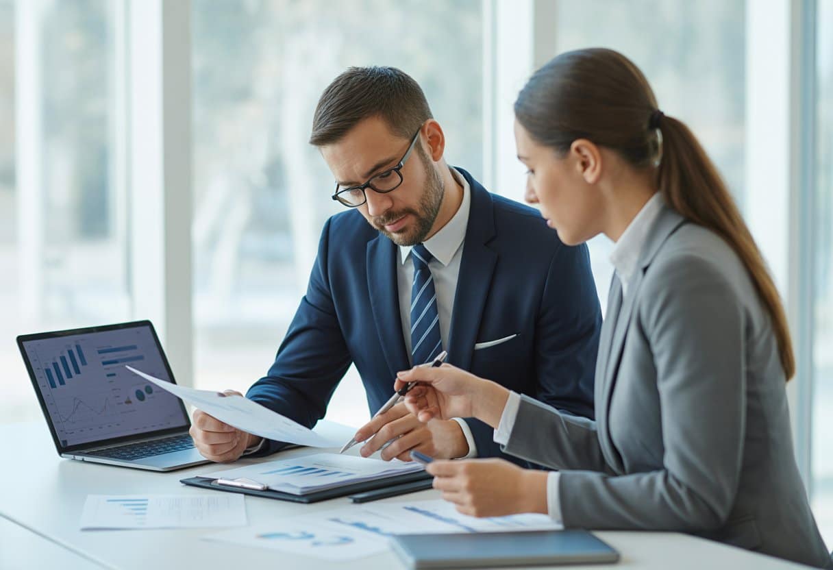 Twee zakelijke professionals bespreken documenten aan een bureau in een helder kantoor.