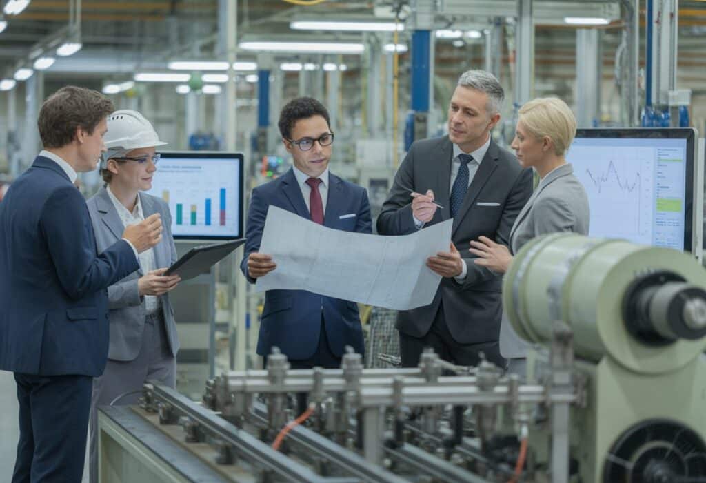 Een groep professionals bespreekt productiecontracten en kwaliteitscontrole in een moderne fabriek.