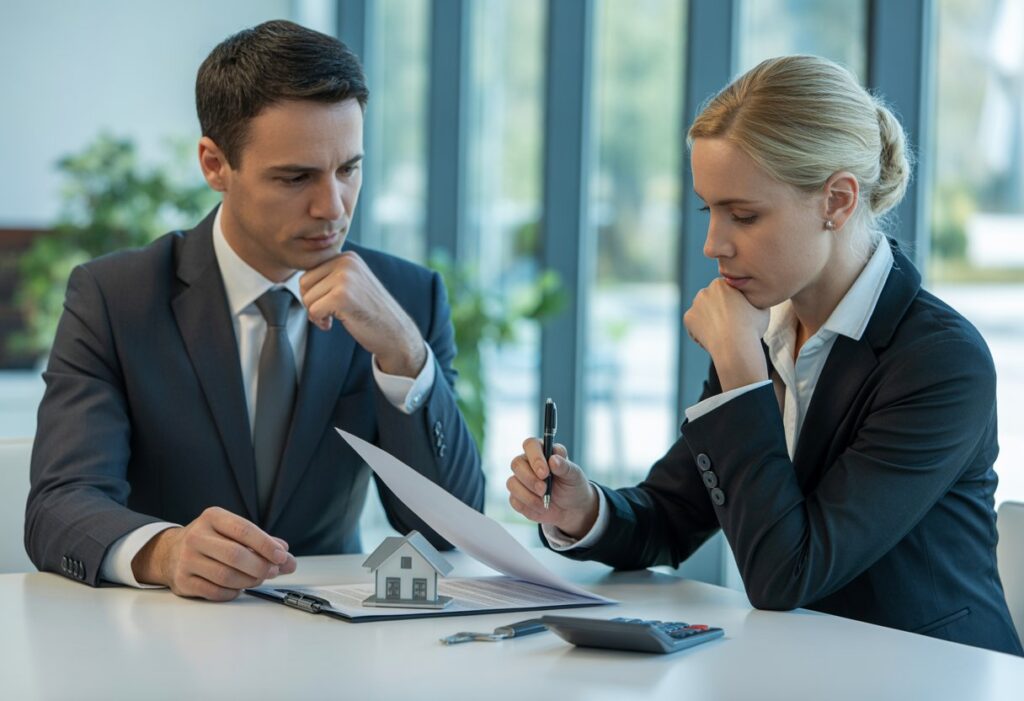 Twee mensen zitten aan een tafel en bekijken documenten over een koopcontract in een kantooromgeving.