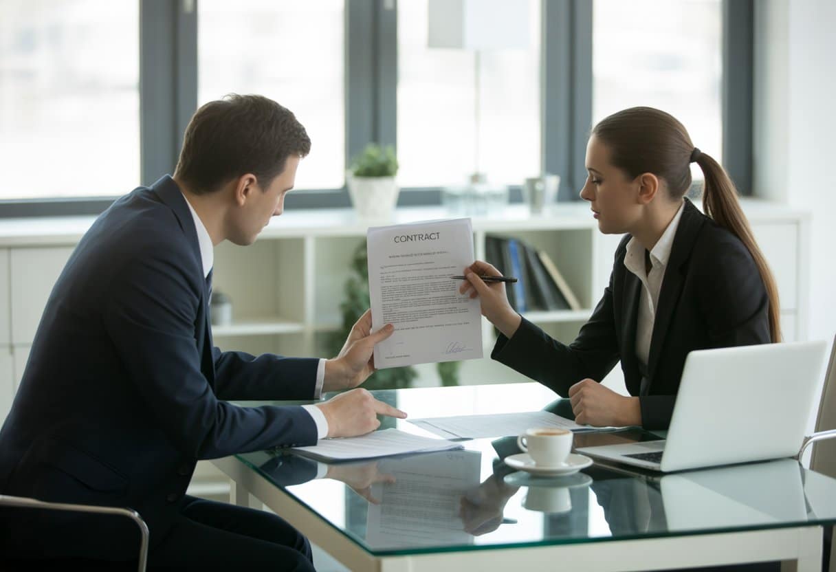 Wanneer kun je een koopcontract ontbinden? Complete Gids 1 Twee zakelijke personen bespreken een contract aan een tafel in een kantooromgeving.
