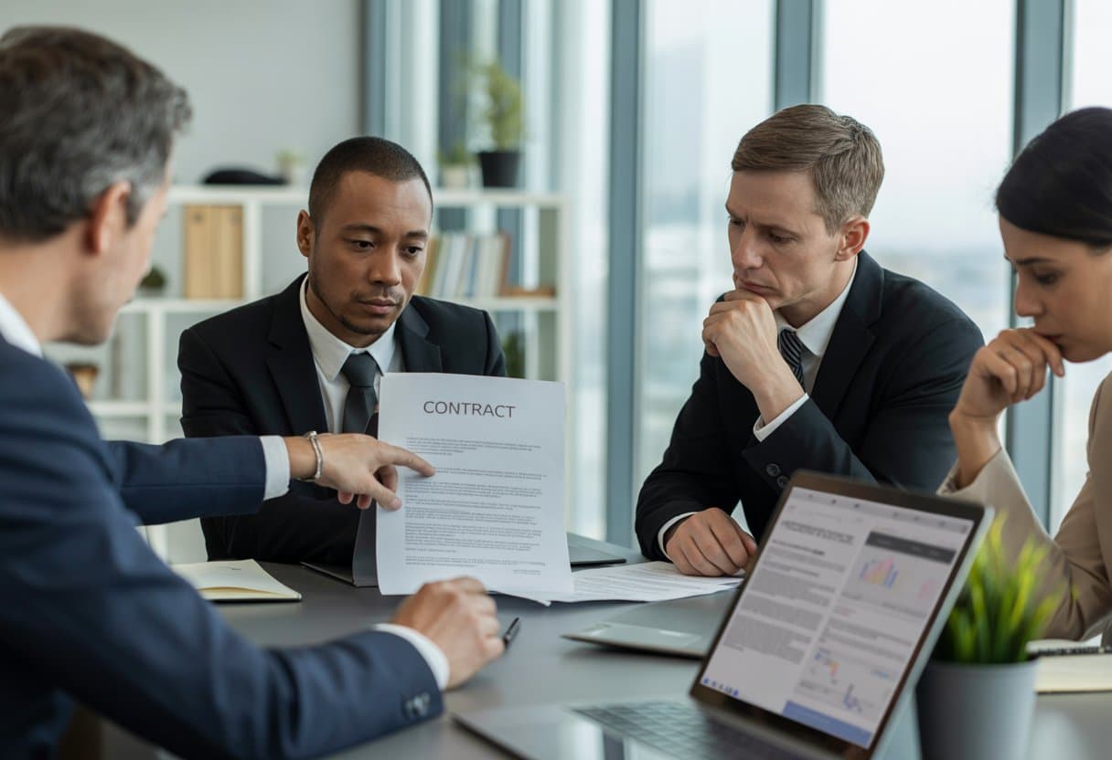 Wanneer kun je een koopcontract ontbinden? Complete Gids 2 Een groep professionals bespreekt een contract rond een vergadertafel in een kantoor.