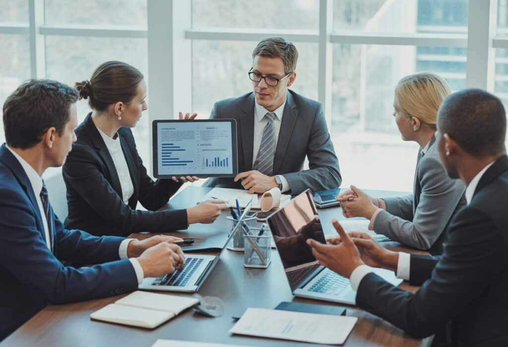 Een zakelijke vergadering met diverse professionals die rond een tafel zitten en documenten en laptops gebruiken om contractvoorwaarden en betalingstermijnen te bespreken.