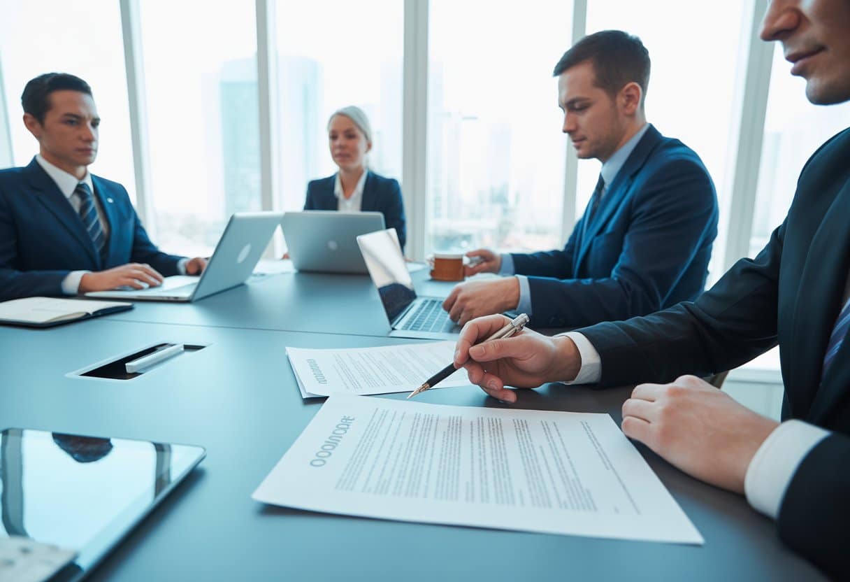 Een zakelijke vergadering met professionals rond een tafel die contracten en laptops bekijken.
