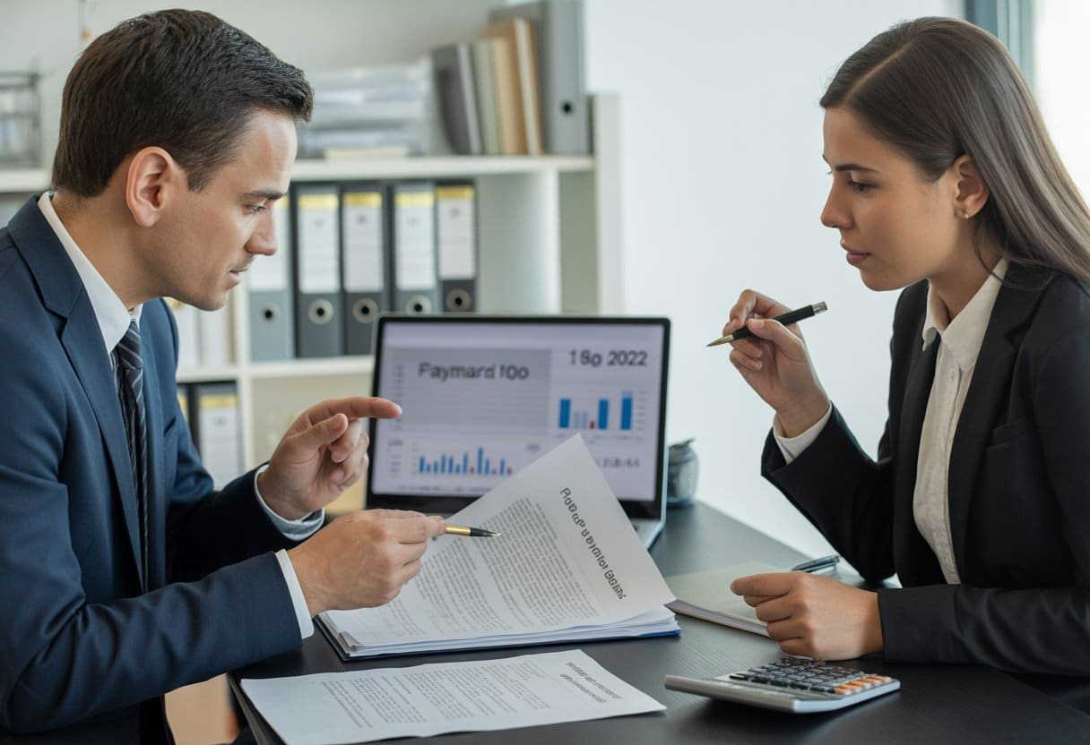 Twee zakelijke professionals bespreken een contract in een moderne kantooromgeving met documenten en een laptop op tafel.