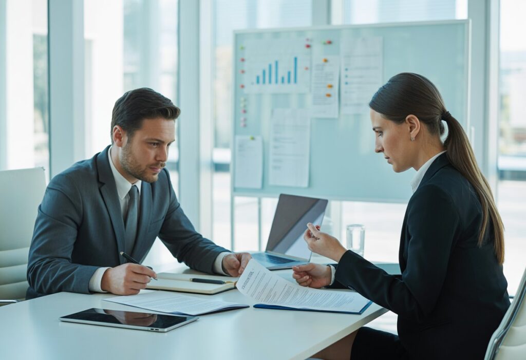 Twee zakelijke professionals bespreken contracten aan een vergadertafel in een kantooromgeving.