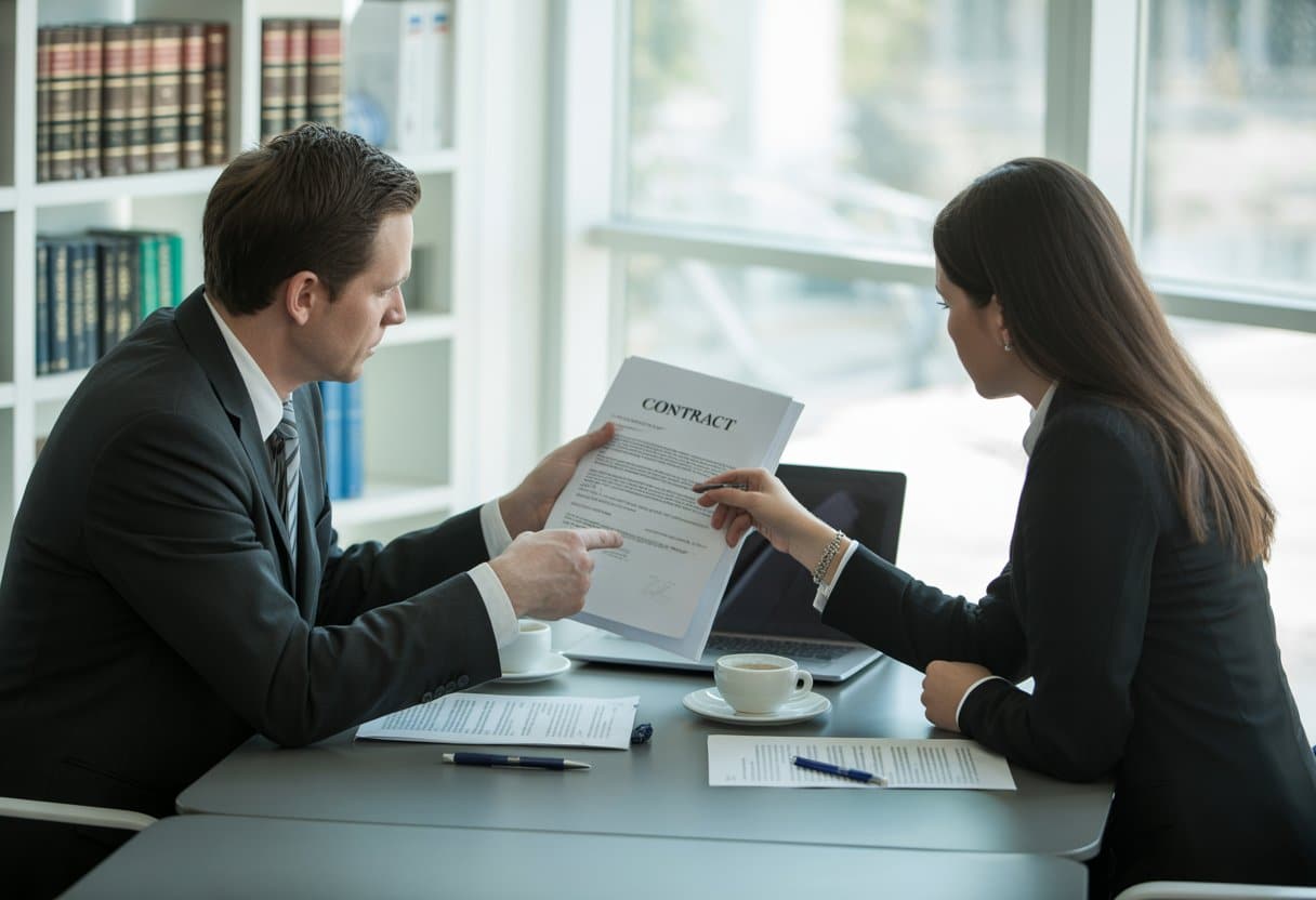Twee zakelijke professionals bespreken contracten aan een vergadertafel in een kantoor.