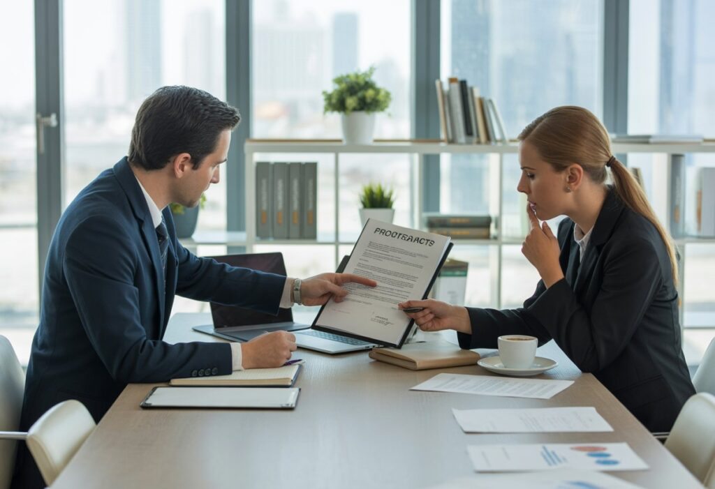 Twee zakelijke professionals bekijken samen documenten aan een vergadertafel in een kantoor.