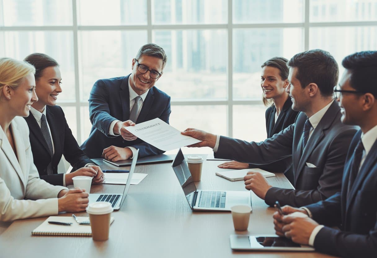 Een groep zakelijke professionals zit rond een vergadertafel en bespreekt een contract in een kantoor met uitzicht op de stad.