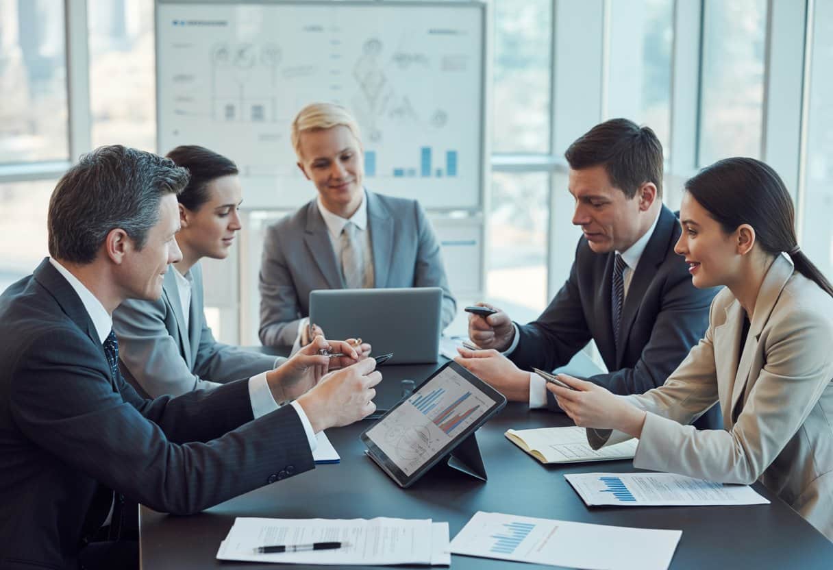 Een groep zakelijke professionals bespreekt contracten in een vergaderruimte met documenten en laptops op tafel.