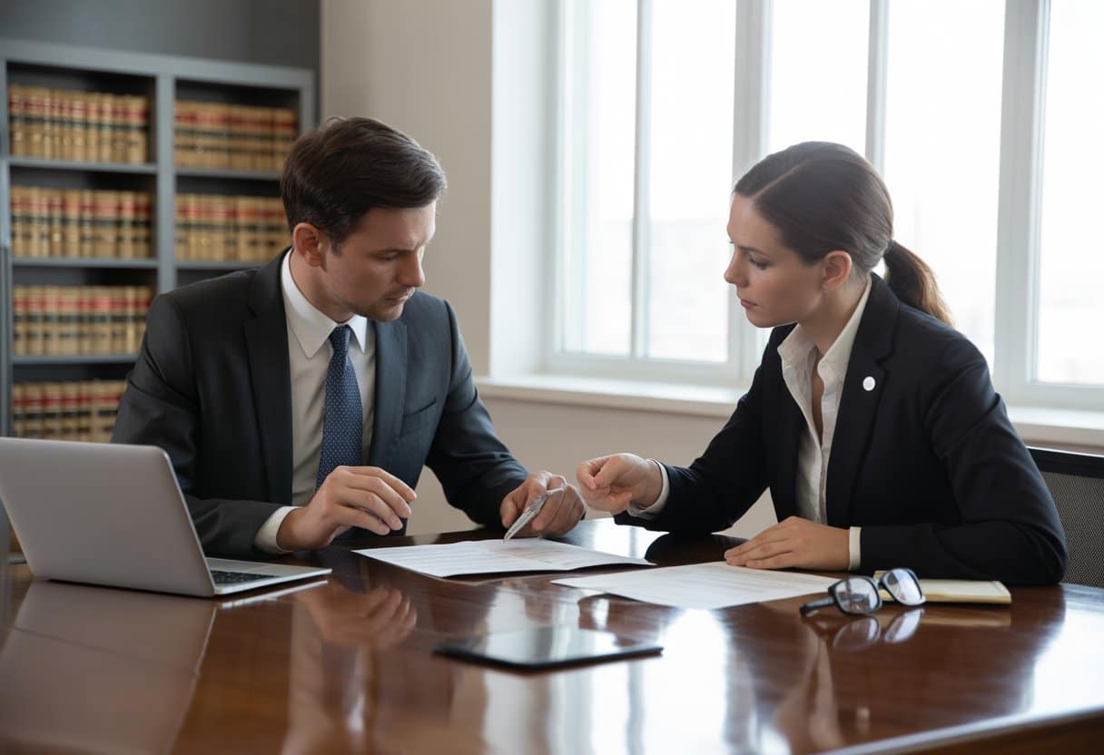 Twee zakelijke professionals bespreken documenten aan een tafel in een kantooromgeving.