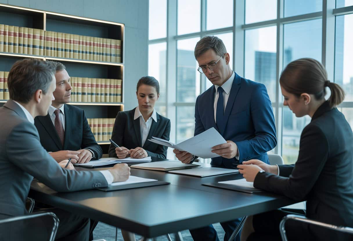 Een zakelijke bijeenkomst in een modern kantoor waar professionals documenten bekijken over juridische aansprakelijkheid van een franchisegever.