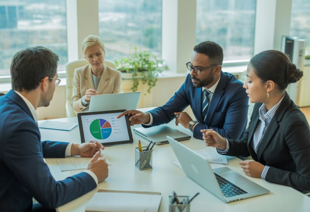 Vier zakelijke professionals die rond een tafel zitten en een bespreking voeren over de verdeling van zeggenschap in een joint venture.