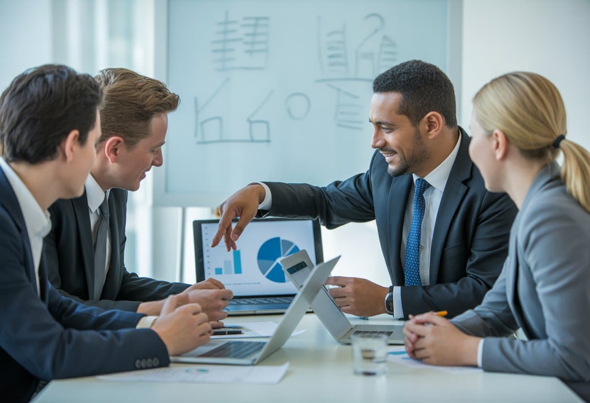 Vier zakelijke professionals zitten rond een tafel en bespreken samen een samenwerking en verdeling van zeggenschap.
