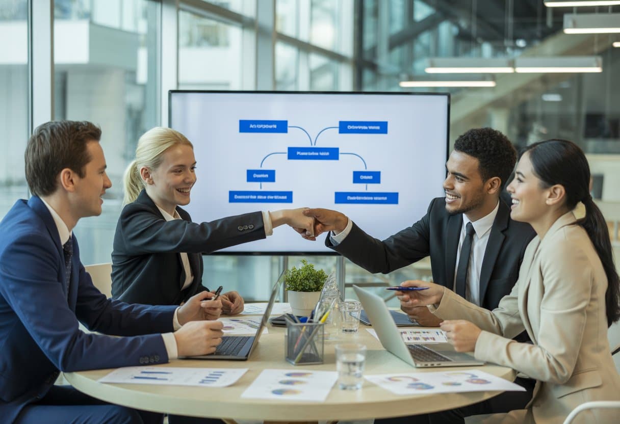 Een groep zakelijke professionals bespreekt samen de verdeling van zeggenschap in een joint venture rond een tafel in een modern kantoor.