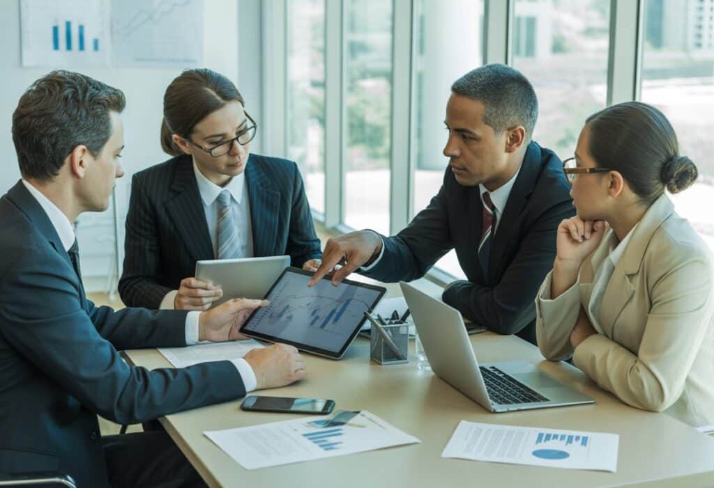 Vier zakelijke professionals zitten rond een tafel en bespreken documenten en grafieken in een kantoor.