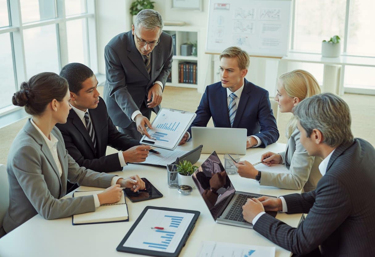 Een groep zakelijke professionals zit rond een vergadertafel en bespreekt contracten in een moderne kantooromgeving.