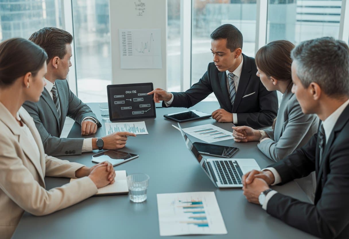 Een groep zakelijke professionals zit rond een vergadertafel en bespreekt exit-regelingen in joint venture contracten, met laptops en documenten voor zich.
