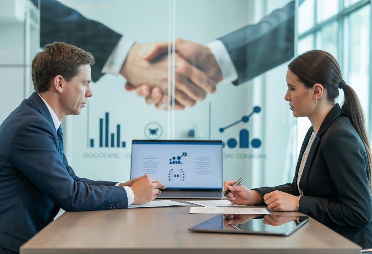Twee zakelijke professionals bespreken documenten in een modern kantoor, gefocust op franchiseovereenkomsten en wettelijke eisen.