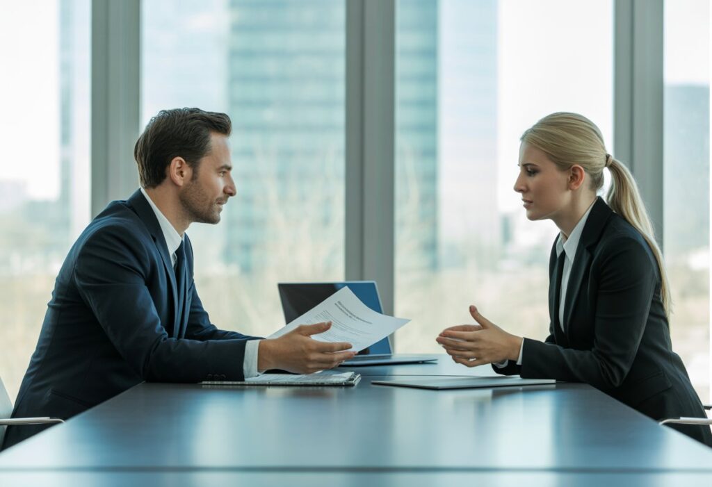Twee zakenmensen die aan een tafel zitten en een contract bespreken in een kantoor met uitzicht op de stad.