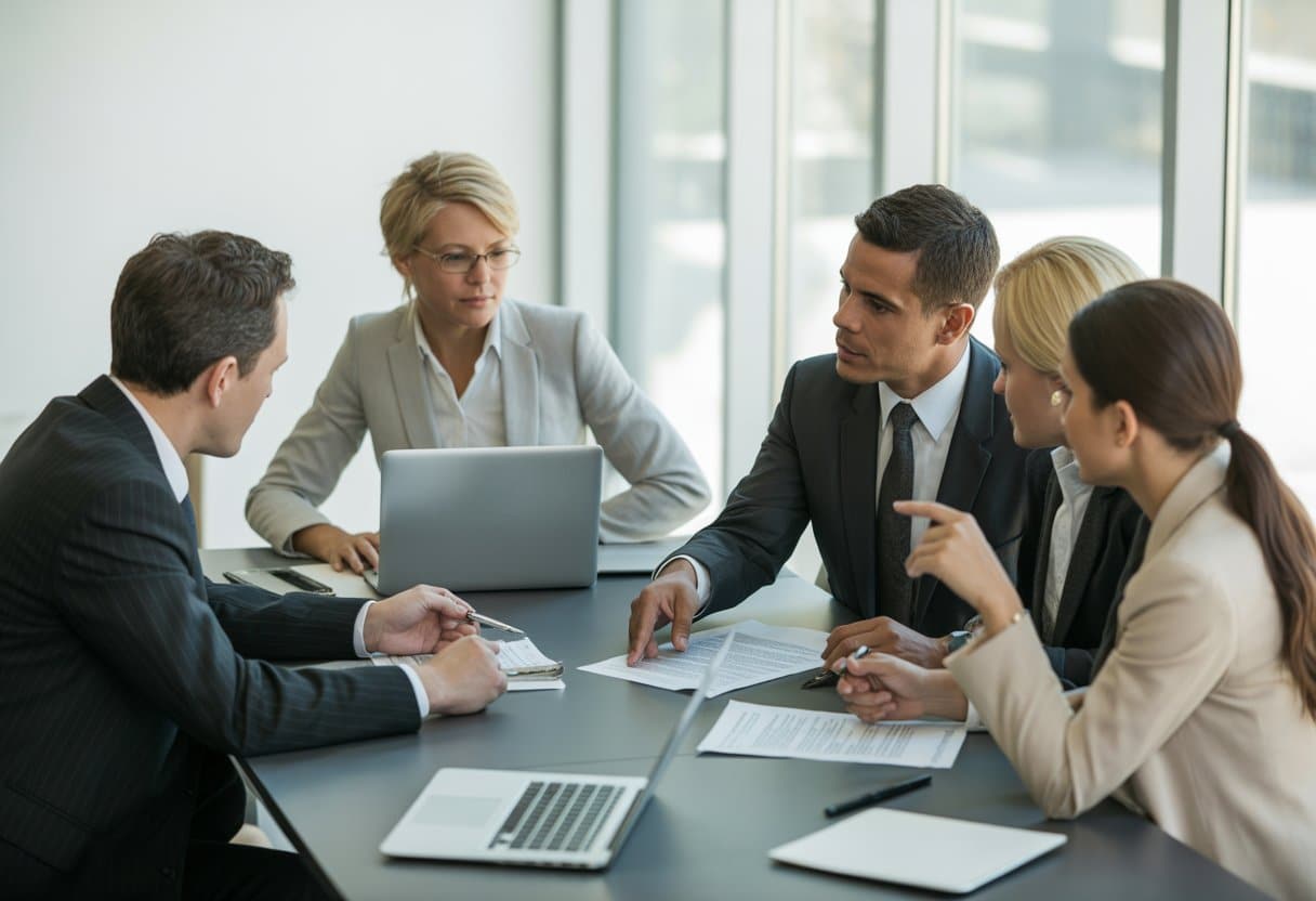 Een zakelijke vergadering met professionals die een franchisecontract bespreken in een moderne kantoorruimte.