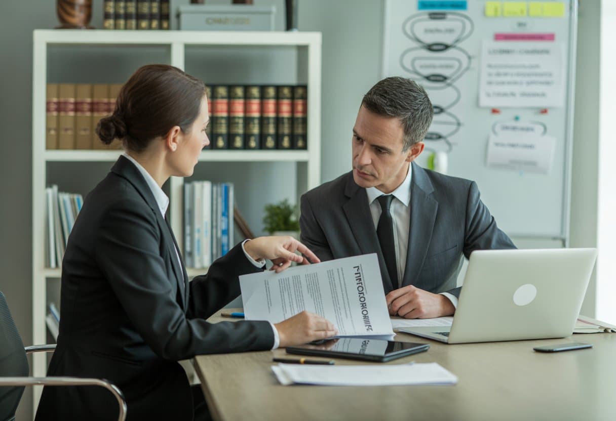 Twee zakelijke professionals bespreken een contract in een moderne kantooromgeving.