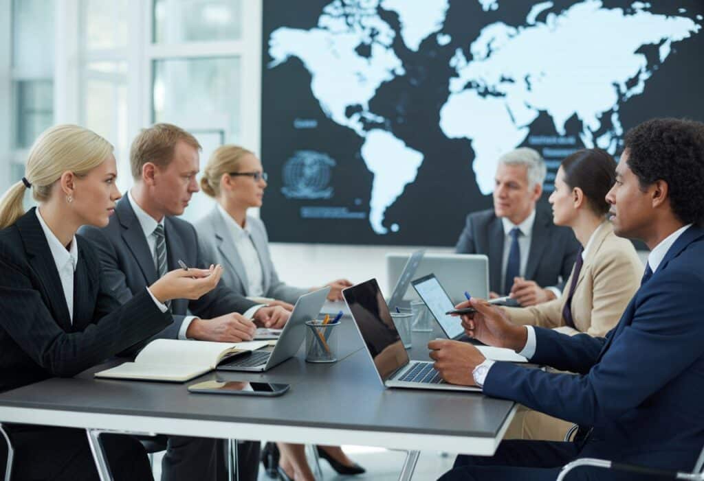 Zakelijke bijeenkomst van diverse professionals rond een vergadertafel met documenten en laptops, in een moderne kantooromgeving.