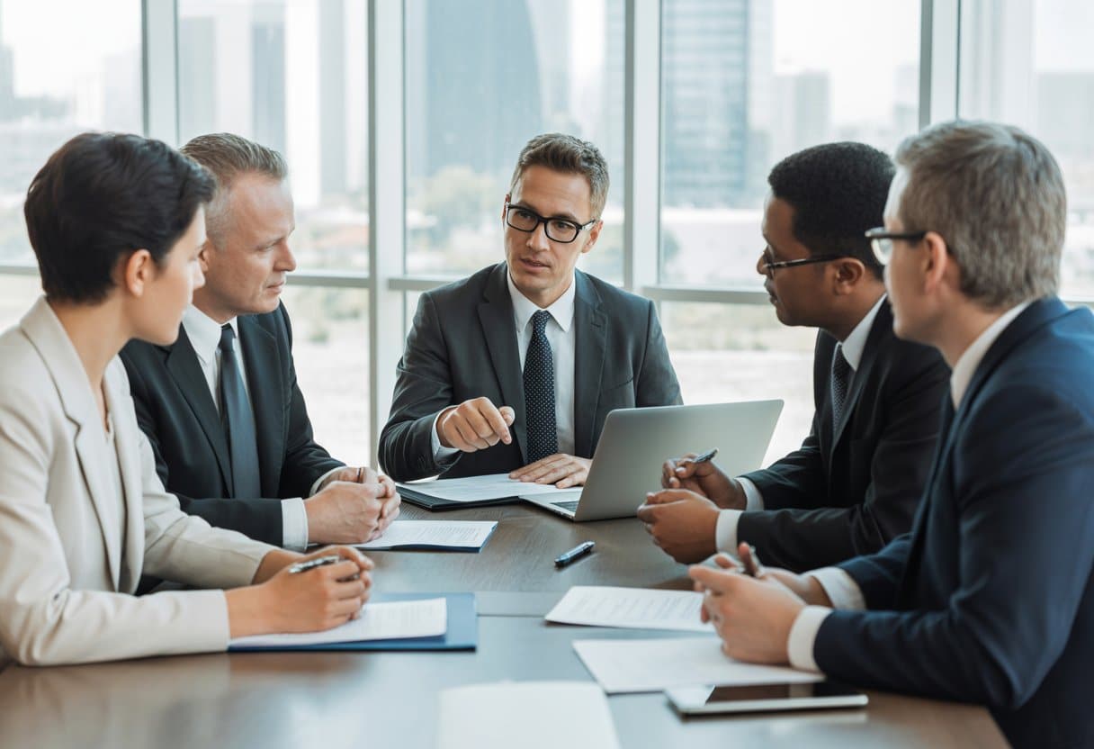 Een zakelijke vergadering tussen internationale professionals die contracten bespreken in een moderne kantoorruimte.
