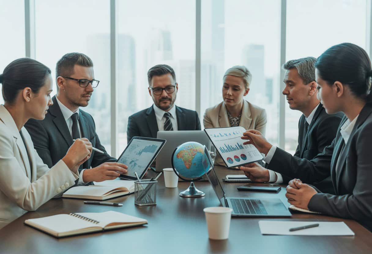 Een groep zakelijke professionals bespreekt documenten aan een vergadertafel in een kantoor met uitzicht op de stad.