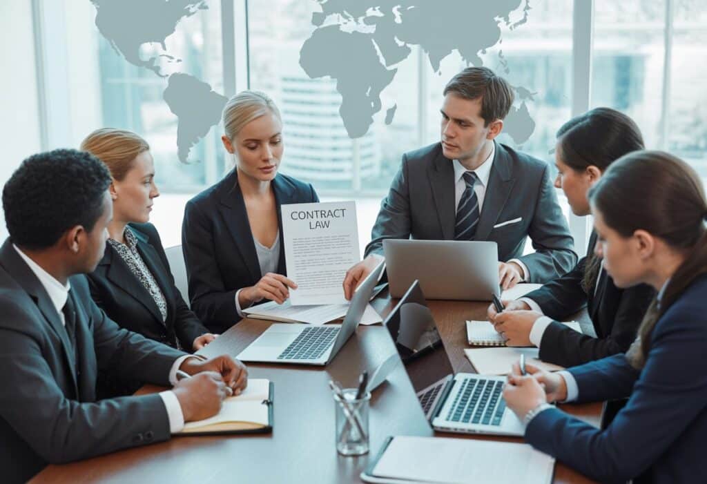 Een groep internationale zakenmensen zit rond een vergadertafel met contracten en een wereldbol in een moderne kantoorruimte.