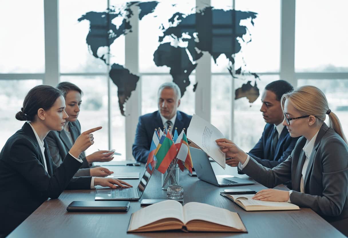 Welke wet geldt voor jouw internationale contract? Complete gids 1 Een groep zakelijke professionals bespreekt internationale contracten rond een vergadertafel met wereldkaart op de achtergrond.