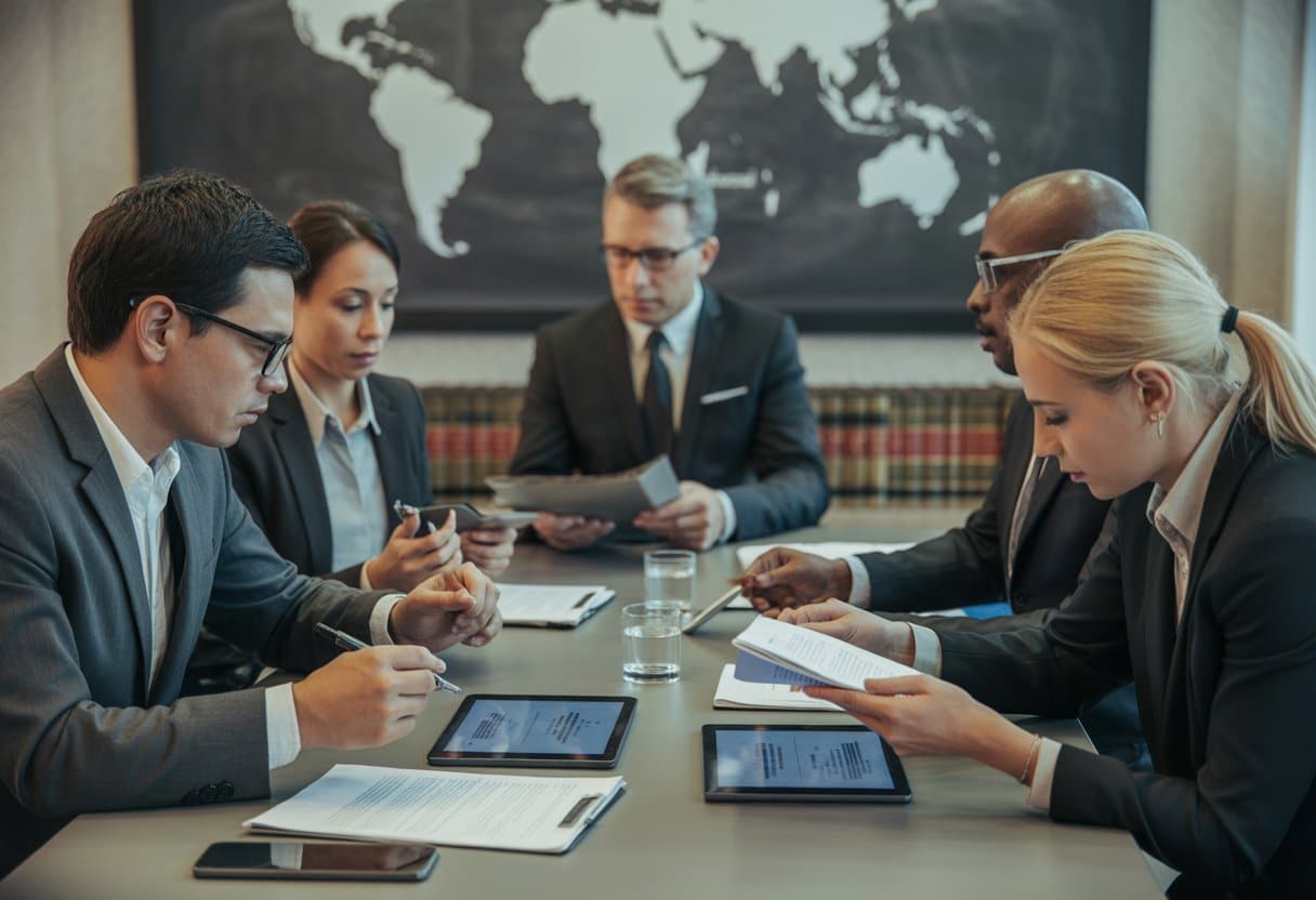 Welke wet geldt voor jouw internationale contract? Complete gids 2 Een groep zakelijke professionals bespreekt contracten aan een tafel met een wereldkaart en juridische boeken op de achtergrond.