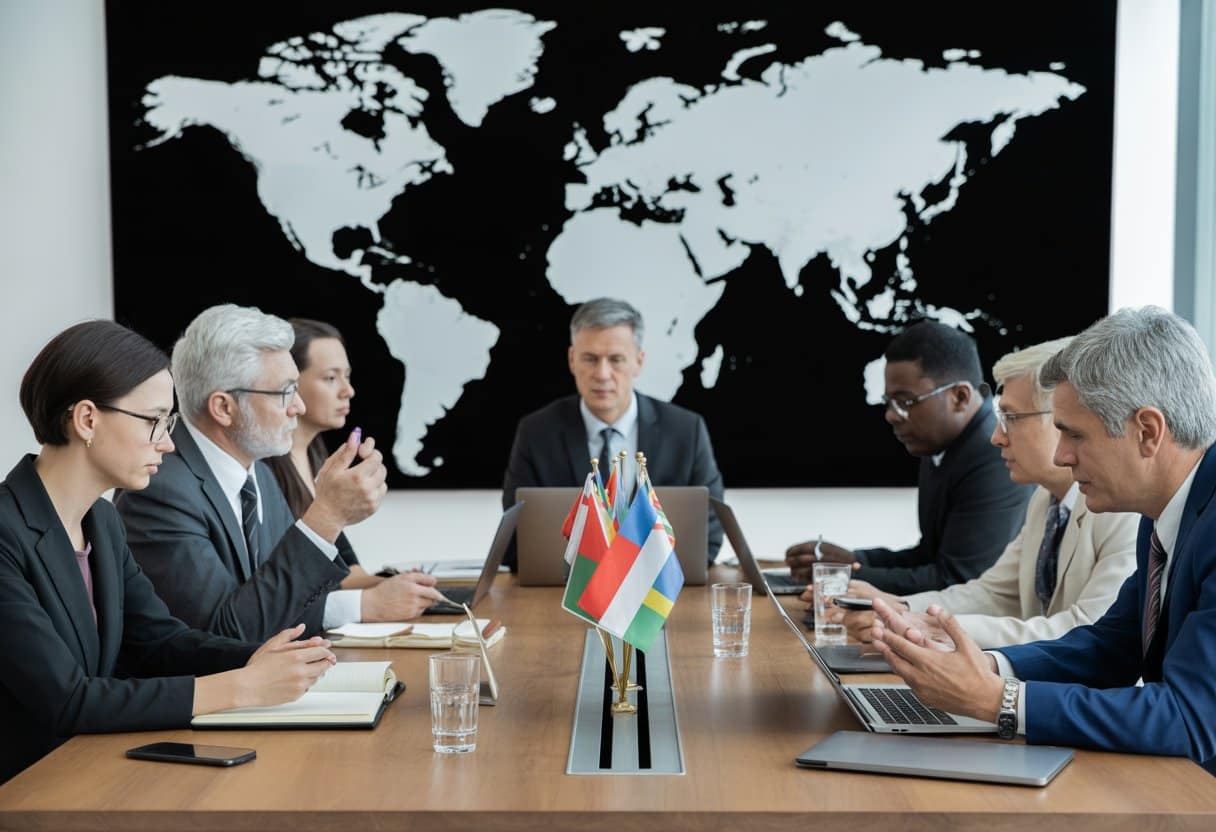 Forumkeuze en arbitrage in internationale overeenkomsten: Essentiële inzichten en aandachtspunten 1 Een groep zakelijke professionals in een moderne vergaderruimte die over internationale overeenkomsten overleggen.