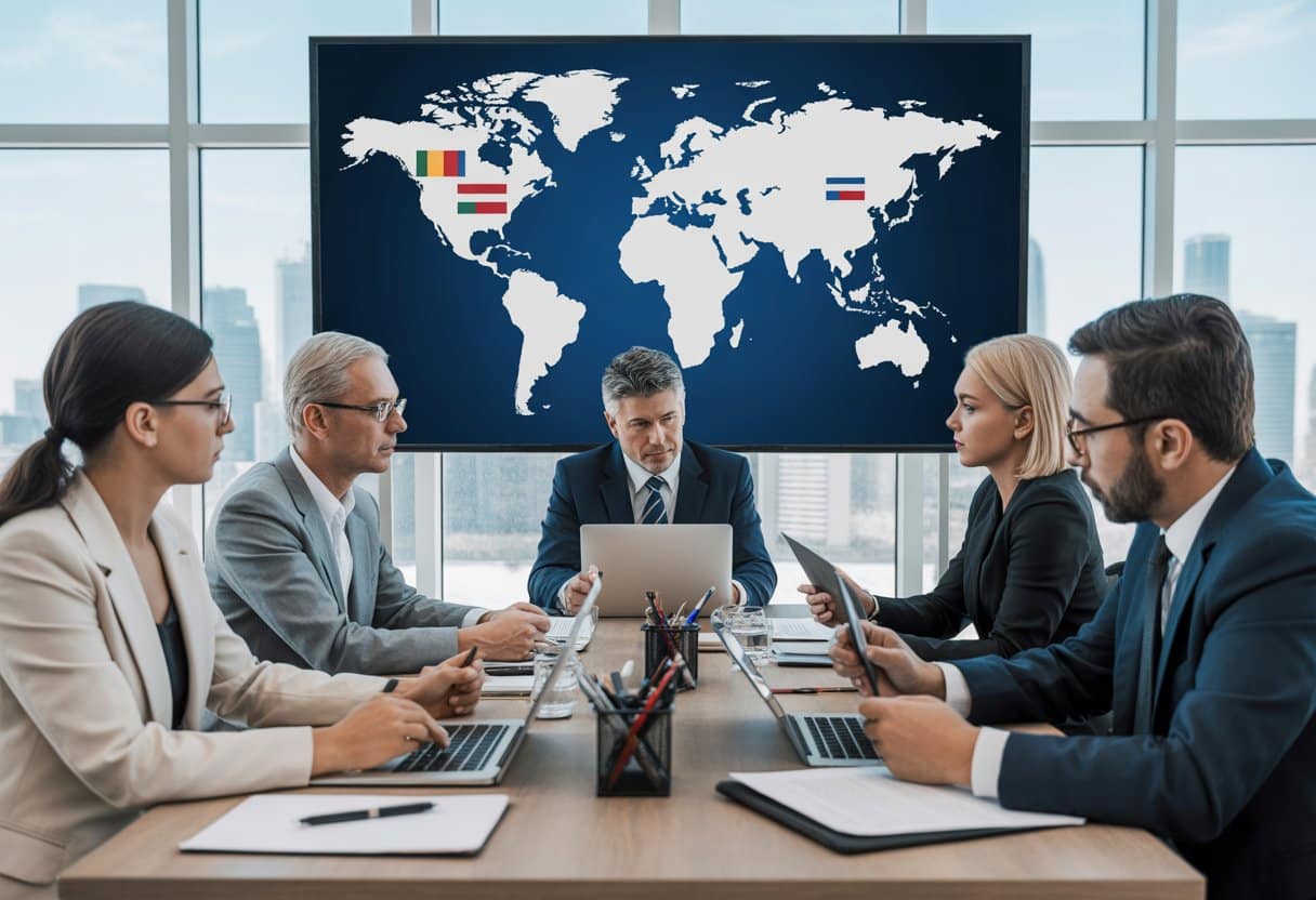 Forumkeuze en arbitrage in internationale overeenkomsten: Essentiële inzichten en aandachtspunten 2 Een groep internationale zakenmensen zit rond een vergadertafel en bespreekt juridische documenten in een modern kantoor met uitzicht op een stad.