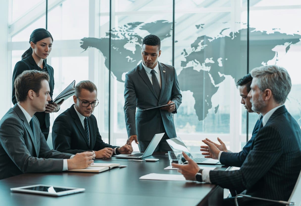 Forumkeuze en arbitrage in internationale overeenkomsten: Essentiële inzichten en aandachtspunten 3 Een groep professionals bespreekt internationale arbitrage in een moderne vergaderruimte met documenten en laptops op tafel.