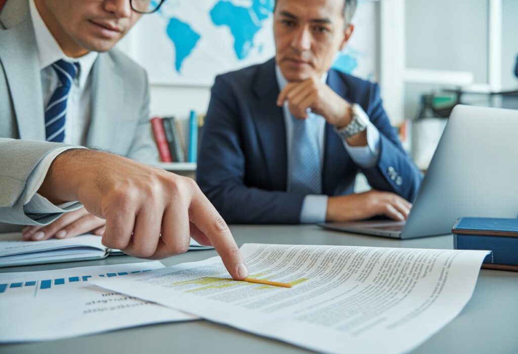 Twee professionals bespreken documenten aan een bureau, waarbij ze zich concentreren op taal en vertaling.