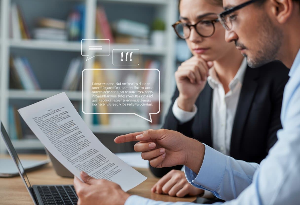 Twee professionals bekijken samen een document en bespreken de betekenis van woorden in een kantooromgeving.