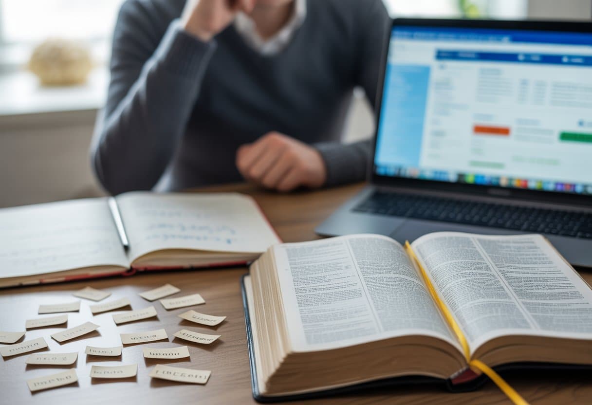 Een bureau met een open woordenboek, notities en een laptop, waarop iemand nadenkt over vertaalproblemen met kleine woorden.