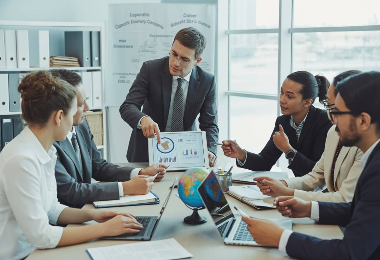 Een groep zakelijke professionals zit rond een vergadertafel en bespreekt exportcontracten en leveringsvoorwaarden met laptops en documenten.