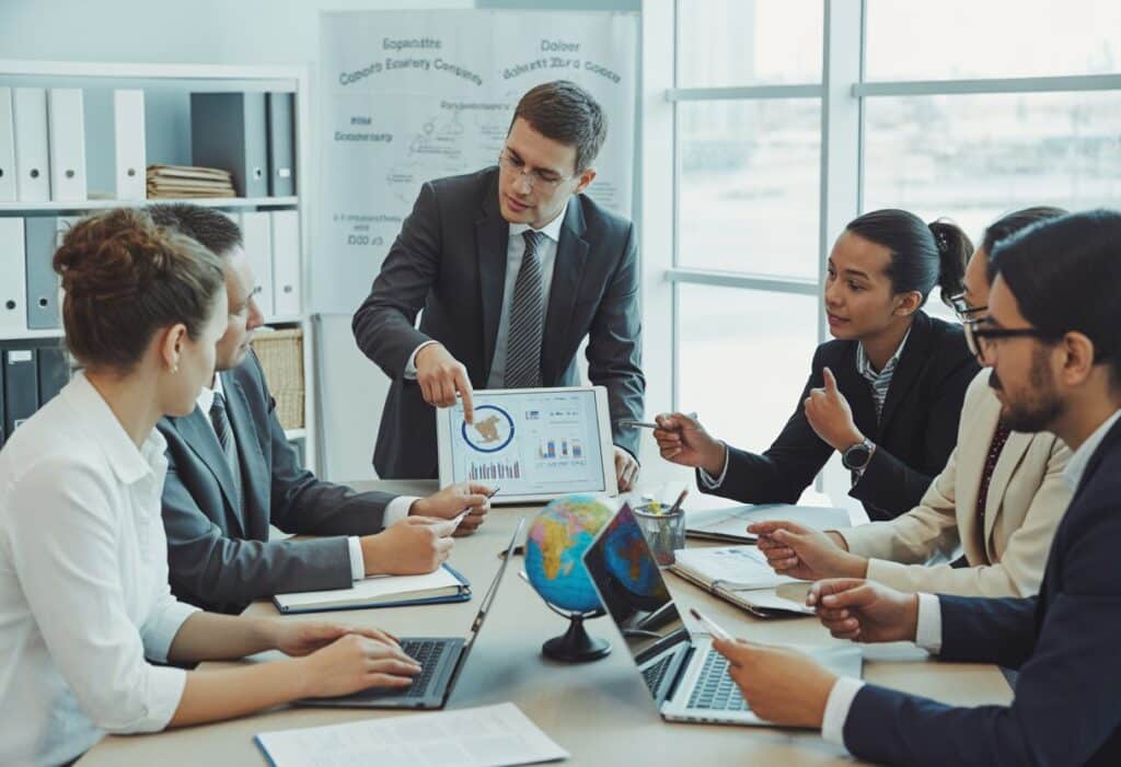 Een groep zakelijke professionals zit rond een vergadertafel en bespreekt exportcontracten en leveringsvoorwaarden met laptops en documenten.