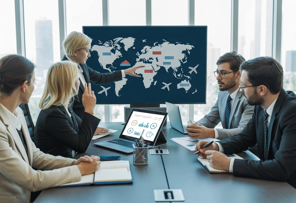 Een groep zakelijke professionals bespreekt internationale handel en leveringsvoorwaarden in een moderne vergaderruimte met een wereldkaart op een scherm.