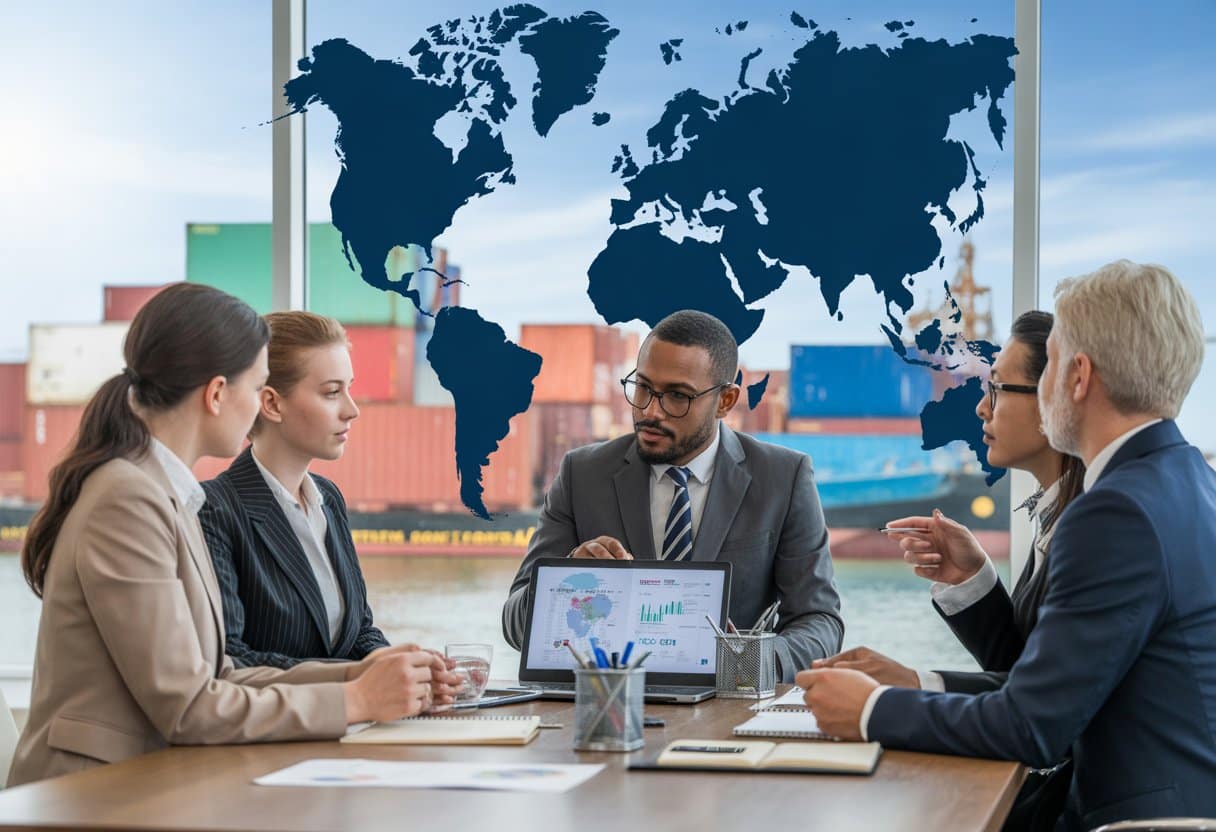 Een groep zakelijke professionals bespreekt exportcontracten in een vergaderruimte met documenten en een wereldkaart op de achtergrond.