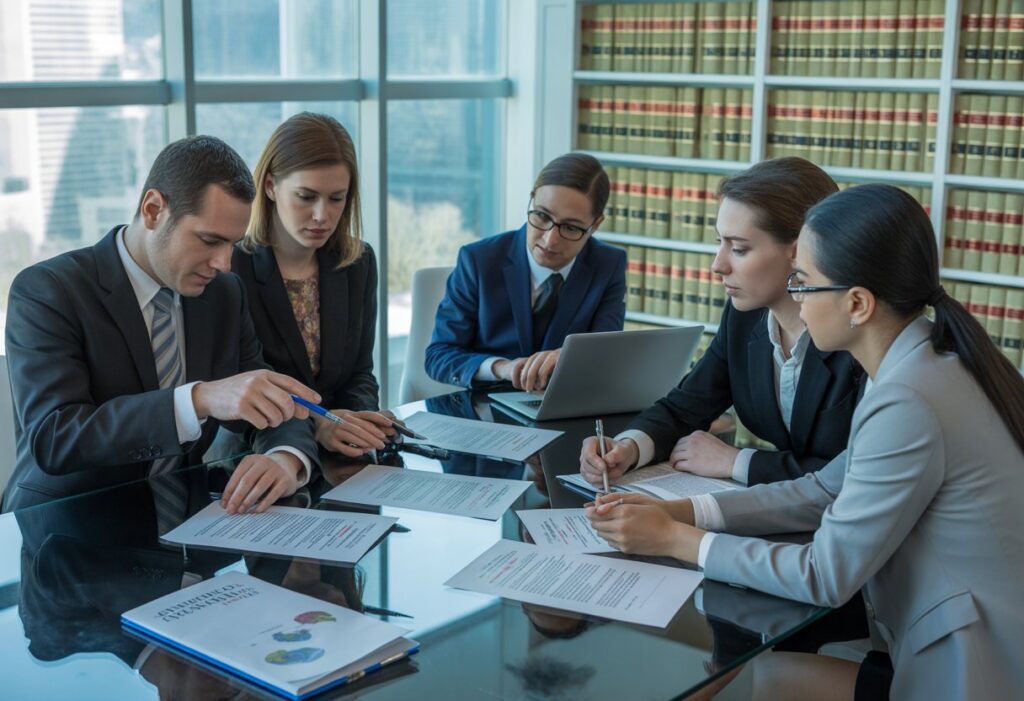Een groep zakelijke professionals bespreekt contracten in een modern kantoor.